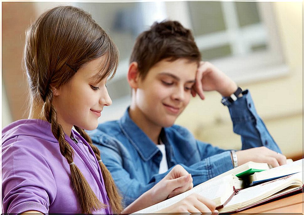 Teen boys reading mystery and suspense books.