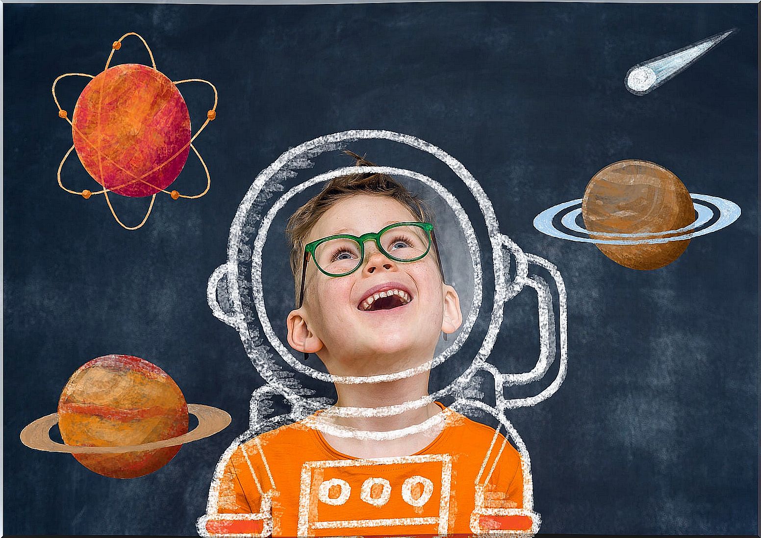 Motivated boy at school to fulfill his dream of being an astronaut.