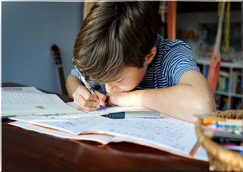 Child doing homework in a good homework space and having good study habits.