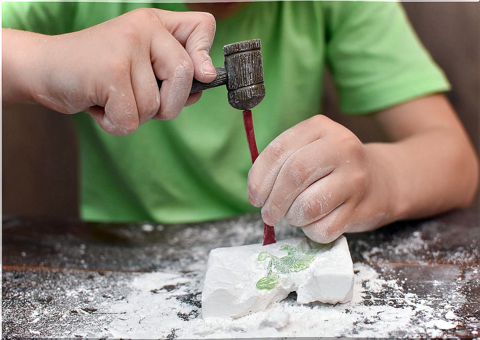 Boy doing a geology workshop with dinosaurs.