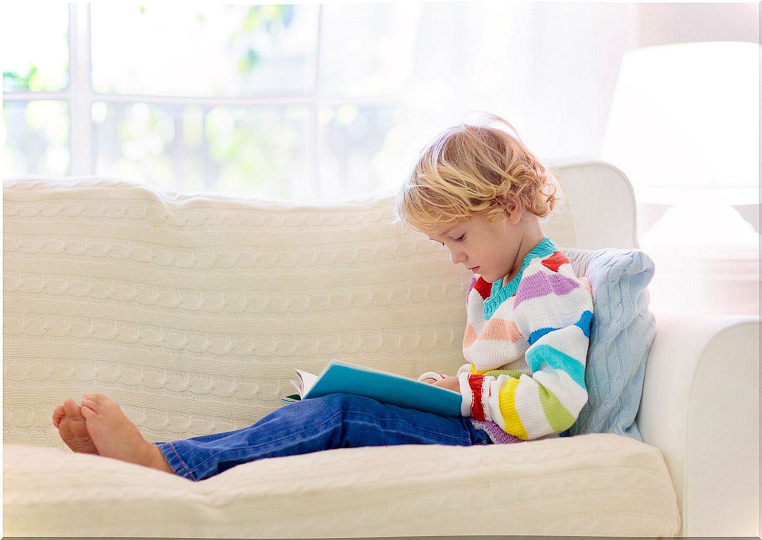 Child reading informational books on the sofa at home.