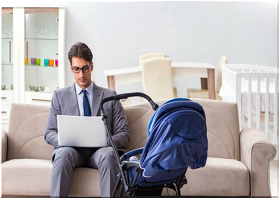 Father waiting for paternity tests with baby carriage.