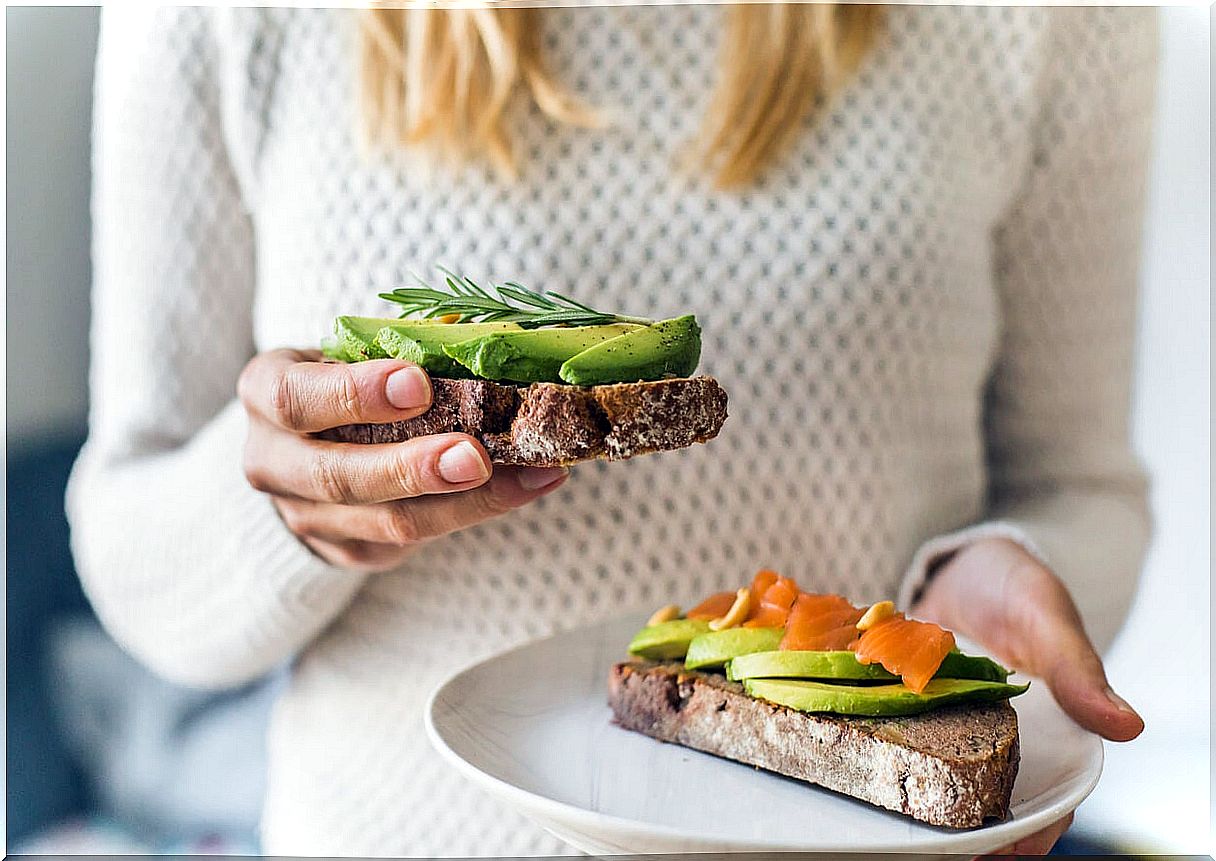 Avocado and salmon toast for a snack during the first trimester of pregnancy.