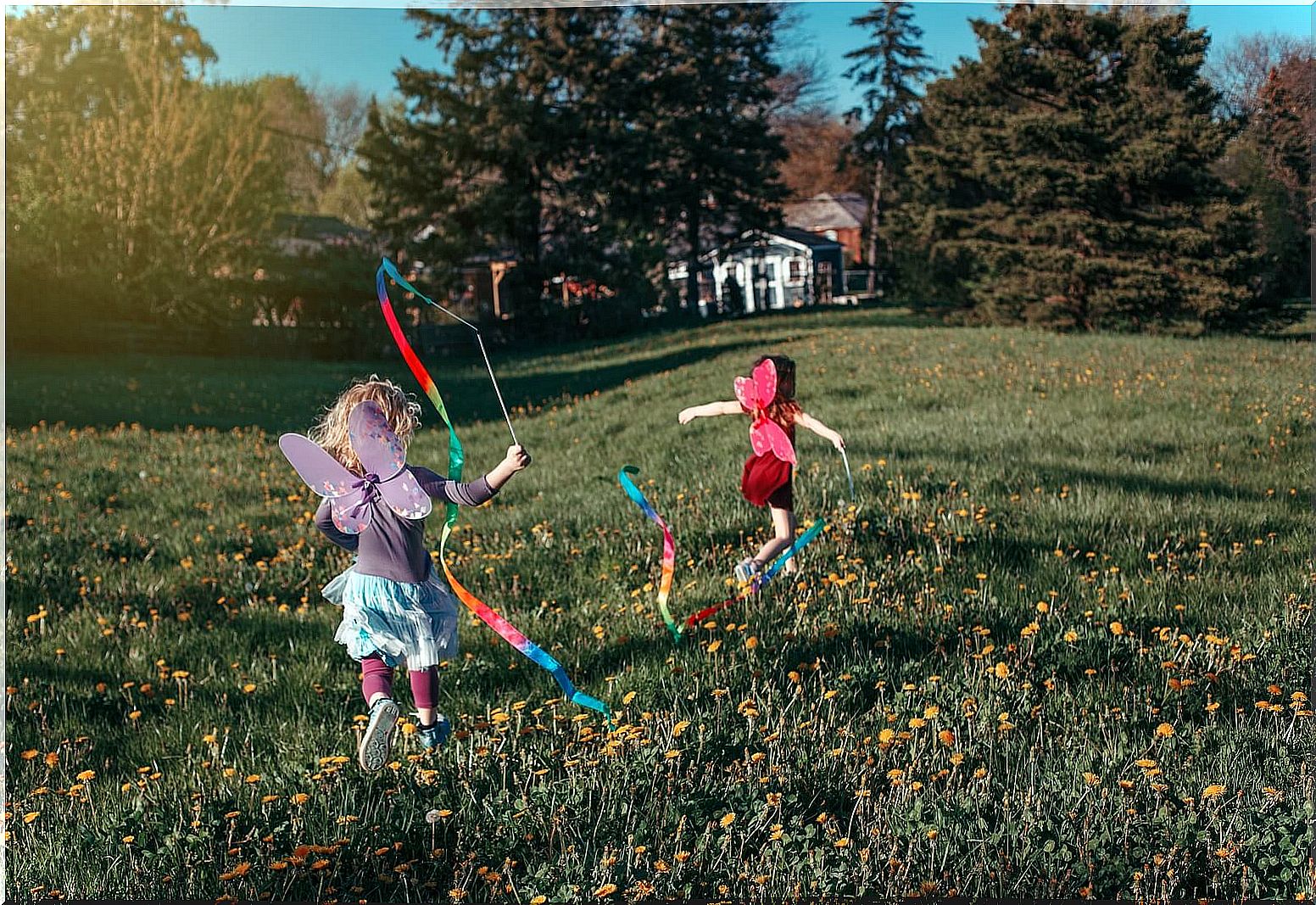 Girls running and playing in the park dressed as fairies.