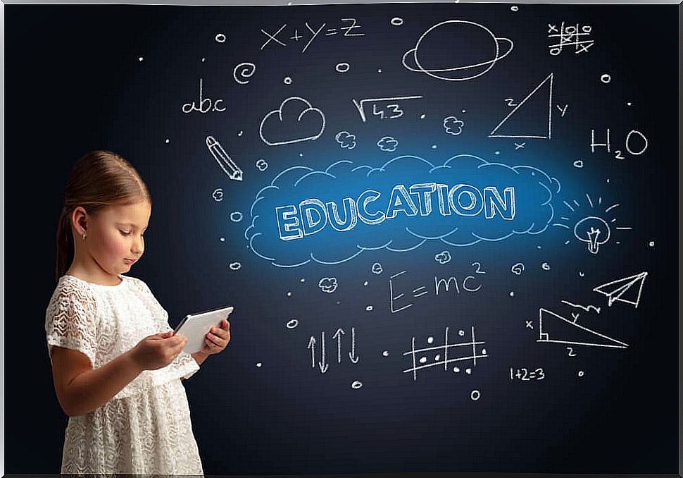 Girl with a blackboard behind it that says 'education' to present the new school movement.